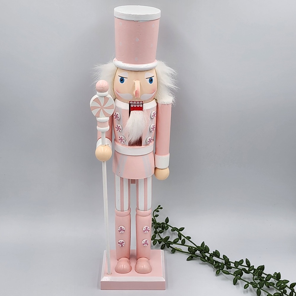 Pink Candy Cane Nutcracker Soldier Guard Pastel Holiday Decor Peppermint 15"